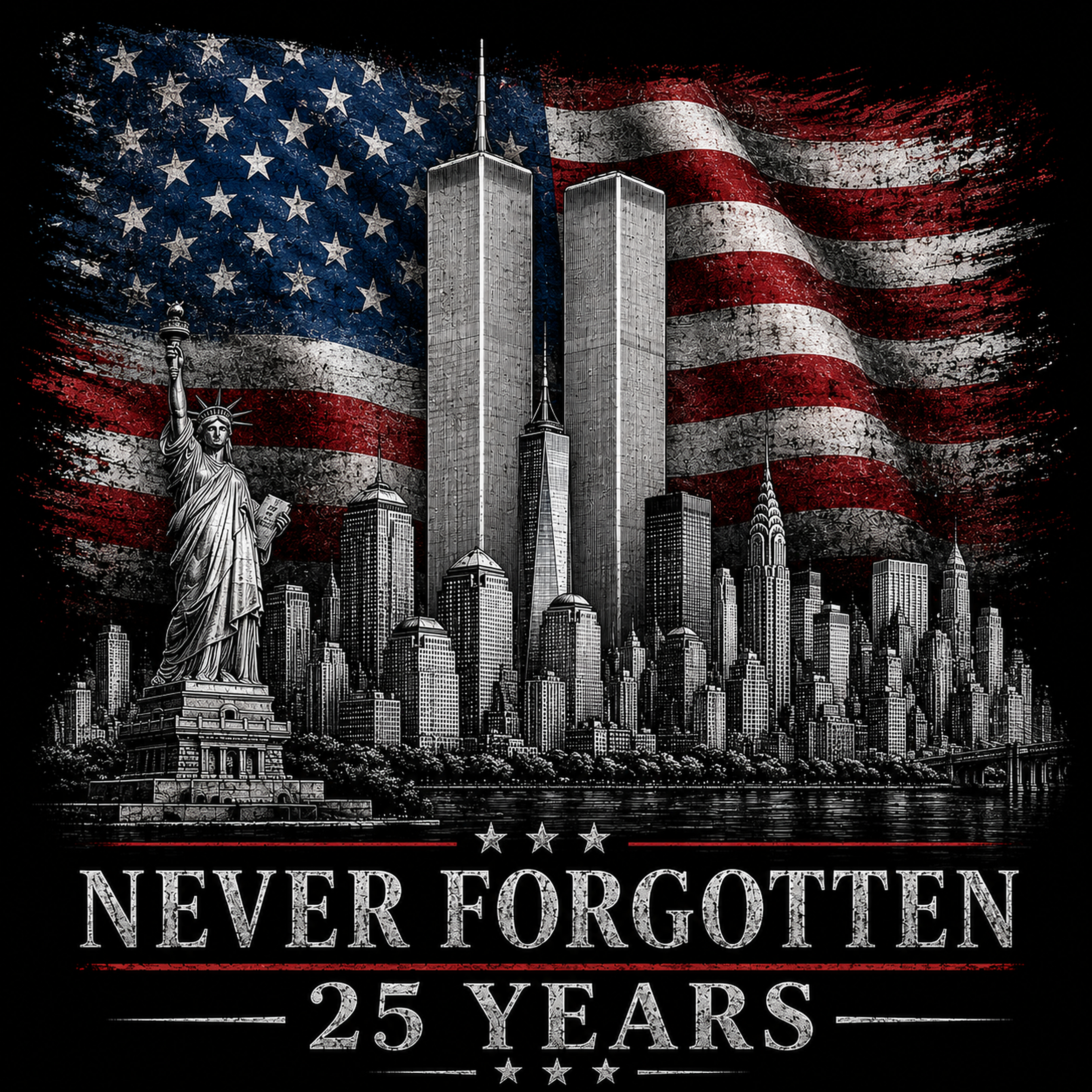 Never Forgotten 25 Years graphic with the Statue of Liberty and New York City skyline including the Twin Towers set against an American flag